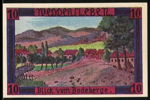 Notgeld Weddersleben, 1921, 10 Pfennig, Blick vom Bodeberge, Dreifarbendruck von Oscar Grupe Quedlinburg