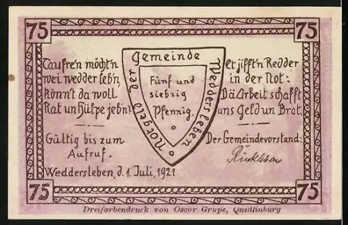 Notgeld Weddersleben, 1921, 75 Pfennig, Ein-Blick-auf-die-Teufelsmauer