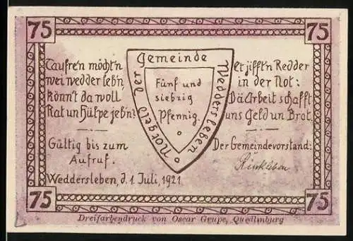 Notgeld Weddersleben, 1921, 75 Pfennig, mit Landschaftsmotiv und Gemeindewappen