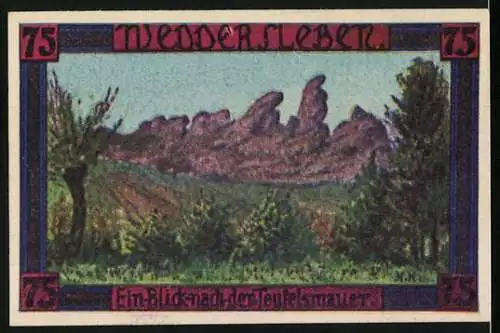 Notgeld Weddersleben, 1921, 75 Pfennig, mit Landschaftsmotiv und Gemeindewappen