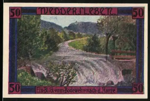 Notgeld Weddersleben, 1921, 50 Pfennig, Ein Blick vom Bodewehr nach dem Harz, mehrfarbig mit Text und Dekor