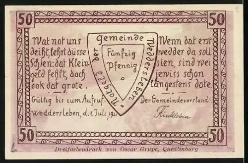 Notgeld Weddersleben, 1921, 50 Pfennig, Ein Blick vom Bodewehr nach dem Harz, mehrfarbig mit Text und Dekor