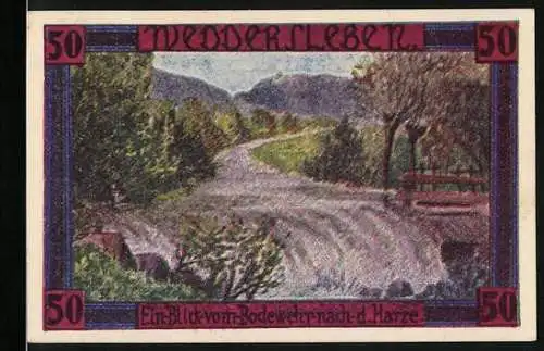 Notgeld Weddersleben, 1921, 50 Pfennig, Ein Bild vom Bodewehr nach d. Harze, Dreifarbdruck von Oscar Grupe