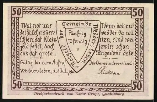 Notgeld Weddersleben, 1921, 50 Pfennig, Ein Bild vom Bodewehr nach d. Harze, Dreifarbdruck von Oscar Grupe