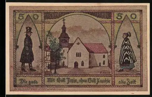Notgeld Wasserleben 1921, 50 Pfennig, Kirche in der Mitte, Personen in traditioneller Kleidung links und rechts