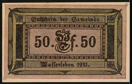 Notgeld Wasserleben 1921, 50 Pfennig, Kirche in der Mitte, Personen in traditioneller Kleidung links und rechts