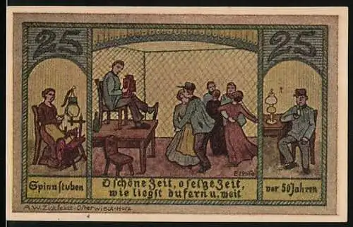 Notgeld Wasserleben 1921, 25 Pfennig, Darstellung von Menschen bei Tanz und Spinnen in drei Szenen