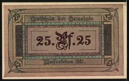 Notgeld Wasserleben 1921, 25 Pfennig, Darstellung von Menschen bei Tanz und Spinnen in drei Szenen