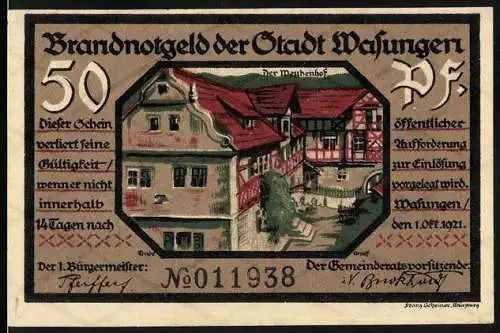 Notgeld Wasungen 1921, 50 Pf, Stadtansicht und Brandruinen