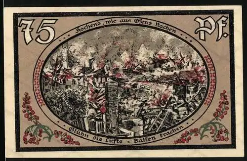 Notgeld Wasungen, 1921, 75 Pf, Darstellung eines brennenden Gebäudes und eines Damenstifts