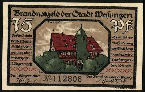 Notgeld Wasungen, 1921, 75 Pf, Darstellung eines brennenden Gebäudes und eines Damenstifts