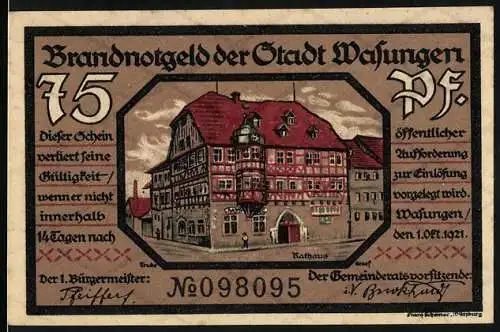 Notgeld Wasungen 1921, 75 Pf, Rathaus und Brandschäden