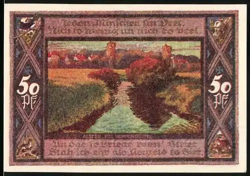 Notgeld Poppenbüttel 1921, 50 Pf, Alster und Gemeindewappen, bunte Landschaft und Wappenmotive