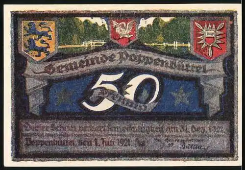 Notgeld Poppenbüttel 1921, 50 Pf, Alster und Gemeindewappen, bunte Landschaft und Wappenmotive