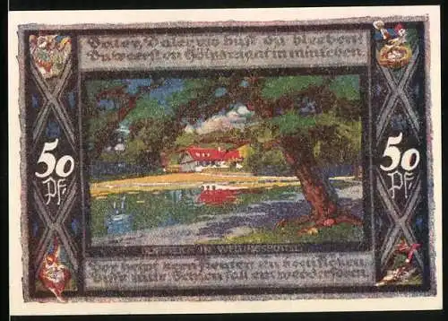 Notgeld Poppenbüttel, 1921, 50 Pf, Gemeinde Poppenbüttel mit Wappen und Landschaftsbild