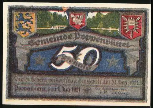 Notgeld Poppenbüttel, 1921, 50 Pf, Gemeinde Poppenbüttel mit Wappen und Landschaftsbild