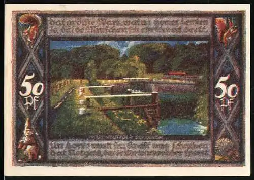 Notgeld Poppenbüttel, 1921, 50 Pf, Landschaft mit Schleuse und Wappen, farbig gestaltet
