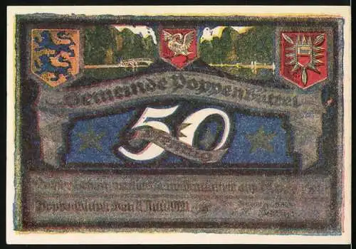 Notgeld Poppenbüttel, 1921, 50 Pf, Landschaft mit Schleuse und Wappen, farbig gestaltet