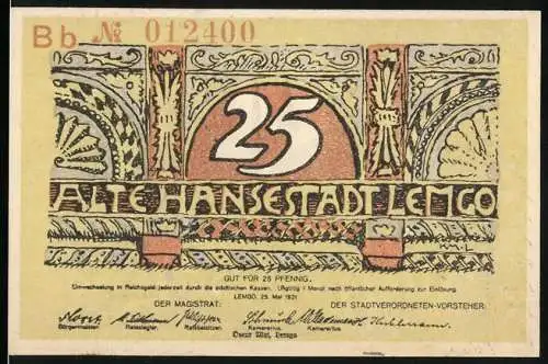 Notgeld Lemgo 1921, 25 Pfennig, Alte Hansestadt mit dekorativem Design und Stadtsilhouette