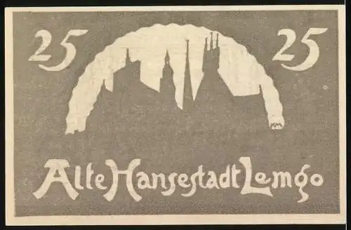 Notgeld Lemgo 1921, 25 Pfennig, Alte Hansestadt mit dekorativem Design und Stadtsilhouette
