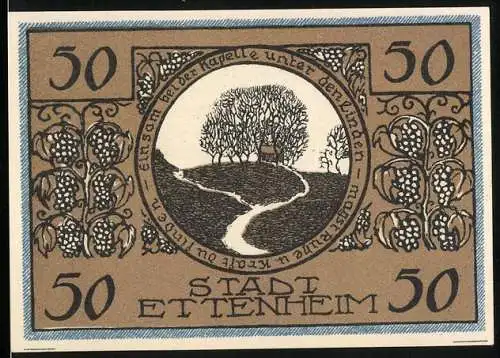 Notgeld Ettenheim, 1922, 50 Pfennig, Stadtwappen und Kapelle unter Bäumen