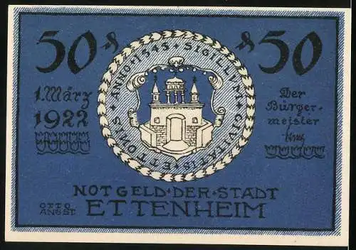 Notgeld Ettenheim, 1922, 50 Pfennig, Stadtwappen und Kapelle unter Bäumen