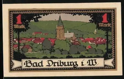 Notgeld Bad Driburg i.W., 1 Mark, Landschaft mit Kirche und Porträt von Dr. Weber, grüne und rote Gestaltung