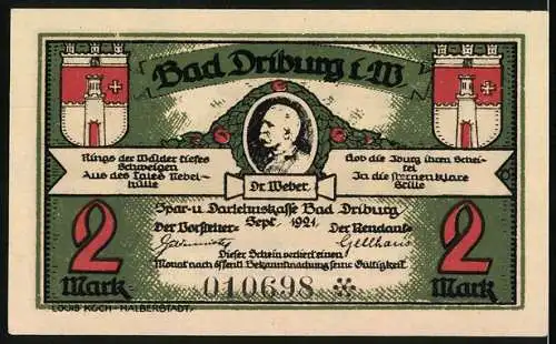 Notgeld Bad Driburg i.W., 1921, 2 Mark, Landschaft und Dr. Weber, Seriennummer 010698