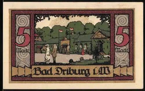 Notgeld Bad Driburg, 1921, 5 Mark, Darstellung von Menschen im Kurpark auf der Vorderseite