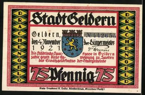 Notgeld Geldern 1921, 75 Pfennig, Stadtwappen mit Drache und Stadtansicht in Silhouette