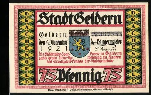 Notgeld Geldern, 1921, 75 Pfennig, Vorderseite mit Stadtwappen und Unterschriften, Rückseite Drachenillustration