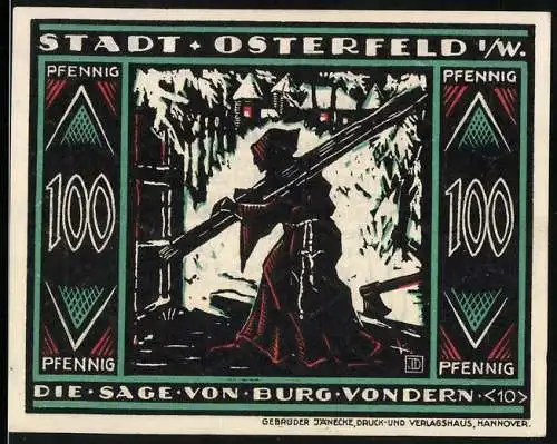 Notgeld Osterfeld 1921, 100 Pfennig, Die Sage von Burg Vondern, mit mittelalterlicher Abbildung und Text
