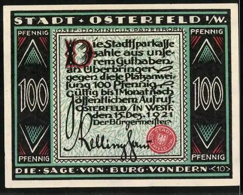 Notgeld Osterfeld 1921, 100 Pfennig, Die Sage von Burg Vondern, mit mittelalterlicher Abbildung und Text