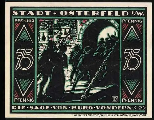 Notgeld Osterfeld, 1921, 75 Pfennig, Die Sage von Burg Vondern, Stadtparkasse, grüne und rote Verzierungen