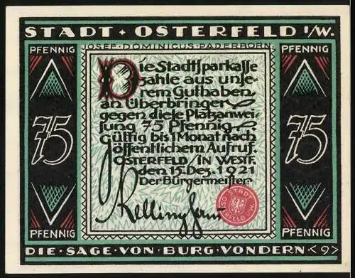 Notgeld Osterfeld, 1921, 75 Pfennig, Die Sage von Burg Vondern, Stadtparkasse, grüne und rote Verzierungen