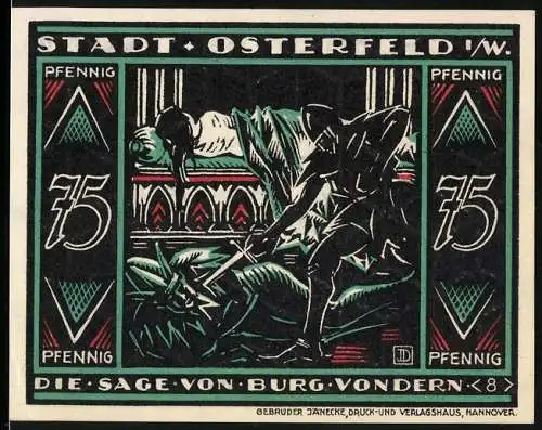 Notgeld Osterfeld 1921, 75 Pfennig, Die Sage von Burg Vondern, farbige Darstellung eines Ritters im Kampf