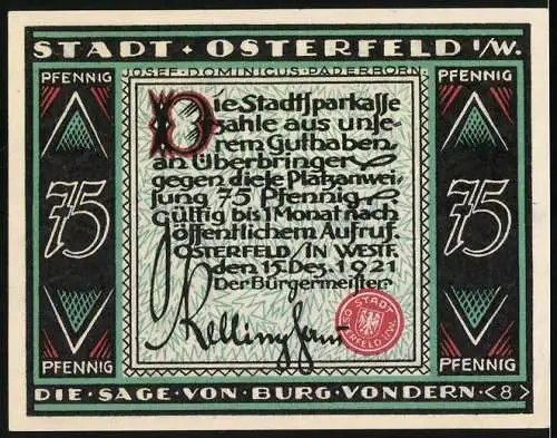 Notgeld Osterfeld 1921, 75 Pfennig, Die Sage von Burg Vondern, farbige Darstellung eines Ritters im Kampf