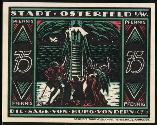 Notgeld Osterfeld 1921, 75 Pfennig, Die Sage von Burg Vondern, Stadtwappen und Text
