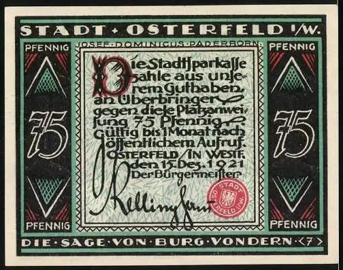 Notgeld Osterfeld 1921, 75 Pfennig, Die Sage von Burg Vondern, Stadtwappen und Text