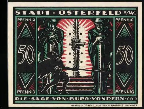 Notgeld Osterfeld 1921, 50 Pfennig, Die Sage von Burg Vondern, zwei bewaffnete Wächter und ein Mensch vor einem Tor