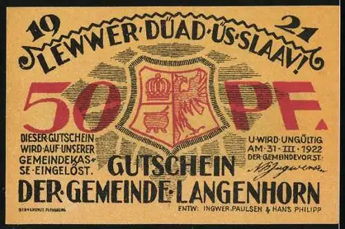 Notgeld Langenhorn, 1921, 50 Pfennig, Landschaft mit Bauernhof und Wappen der Gemeinde