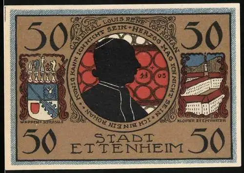 Notgeld Ettenheim 1922, 50 Pfennig, Stadtwappen, Silhouette und Abbildungen von Schloss und Kloster