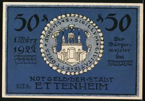 Notgeld Ettenheim 1922, 50 Pfennig, Stadtwappen, Silhouette und Abbildungen von Schloss und Kloster