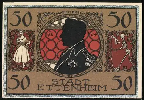 Notgeld Ettenheim, 1922, 50 Pfennig, Blaues Siegel mit Stadttor und Bürgermeisterunterschrift