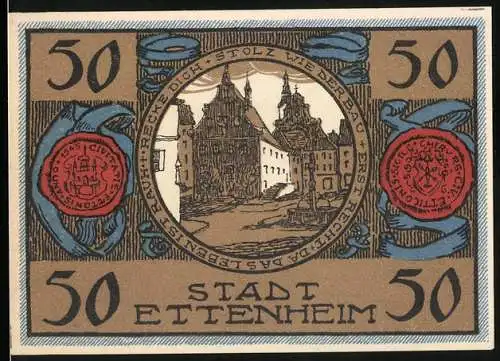 Notgeld Ettenheim, 1922, 50 Pfennig, Gebäude und Stadtwappen