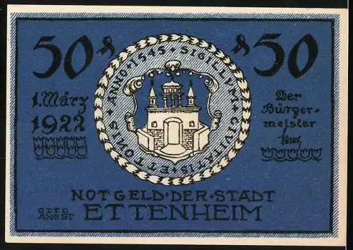 Notgeld Ettenheim, 1922, 50 Pfennig, Gebäude und Stadtwappen