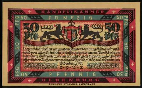 Notgeld Oldenburg, 1921, 50 Pfennig, Handelskammer mit Wappen und Graf Anton Günther zu Pferd