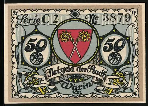 Notgeld Warin 1921, 50 Pfennig, Stadtwappen und Märchenmotiv mit Spruch