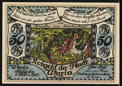 Notgeld Warin 1921, 50 Pfennig, Stadtwappen und Märchenmotiv mit Spruch