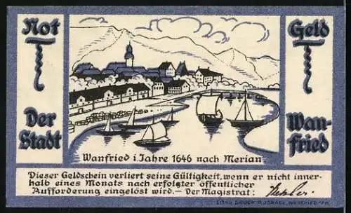 Notgeld Wanfried 50 Pf, Siegel der Stadt mit Krieger und Stadtansicht von Wanfried im Jahre 1646 nach Merian